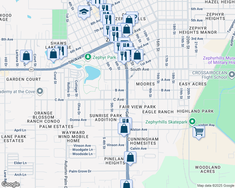 map of restaurants, bars, coffee shops, grocery stores, and more near 4754 5th Street in Zephyrhills