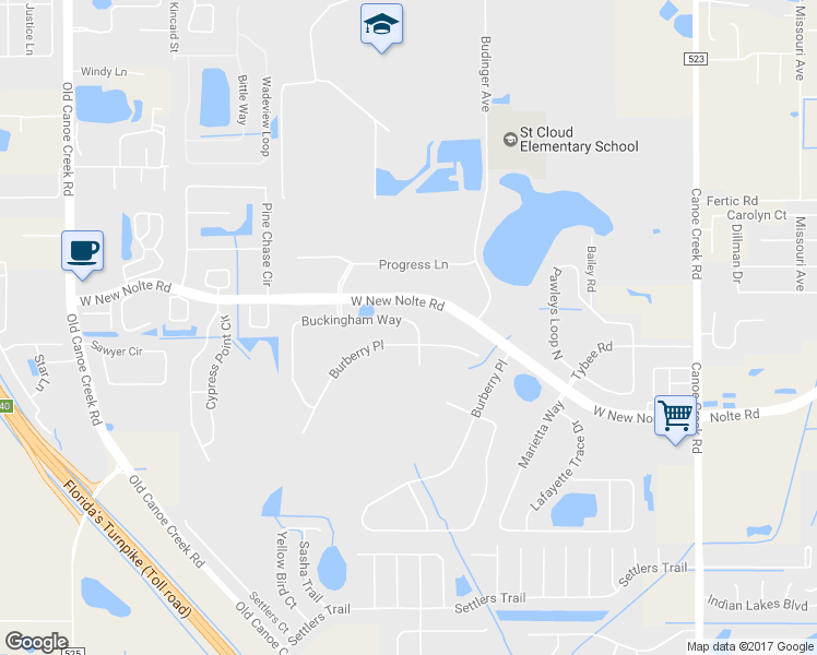 map of restaurants, bars, coffee shops, grocery stores, and more near 3161 Buckingham Way in St. Cloud