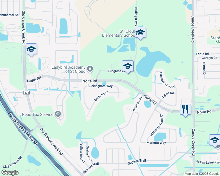 map of restaurants, bars, coffee shops, grocery stores, and more near 3161 Buckingham Way in St. Cloud