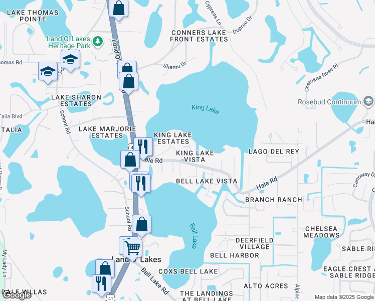 map of restaurants, bars, coffee shops, grocery stores, and more near 21830 Pineywood Drive in Land O' Lakes