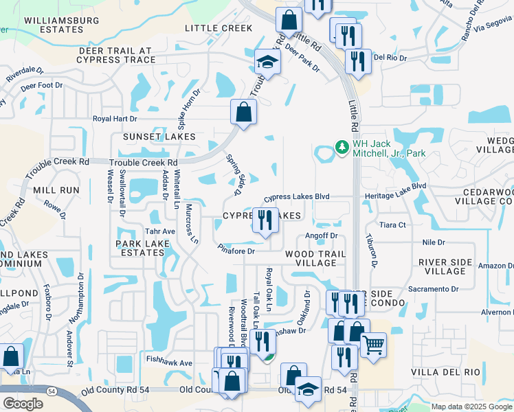 map of restaurants, bars, coffee shops, grocery stores, and more near 8617 Cypress Lakes Boulevard in New Port Richey