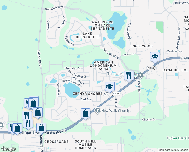 map of restaurants, bars, coffee shops, grocery stores, and more near 4812 Elwana Way in Zephyrhills