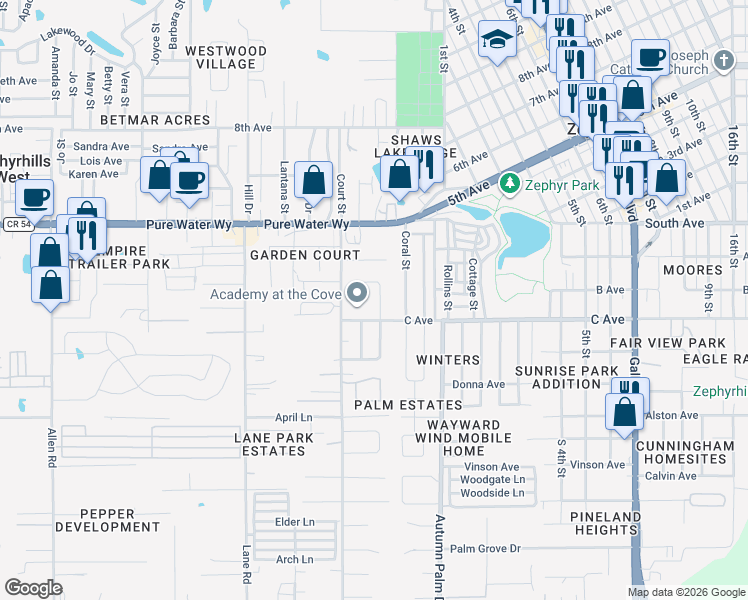 map of restaurants, bars, coffee shops, grocery stores, and more near 4745 Timber Way in Zephyrhills