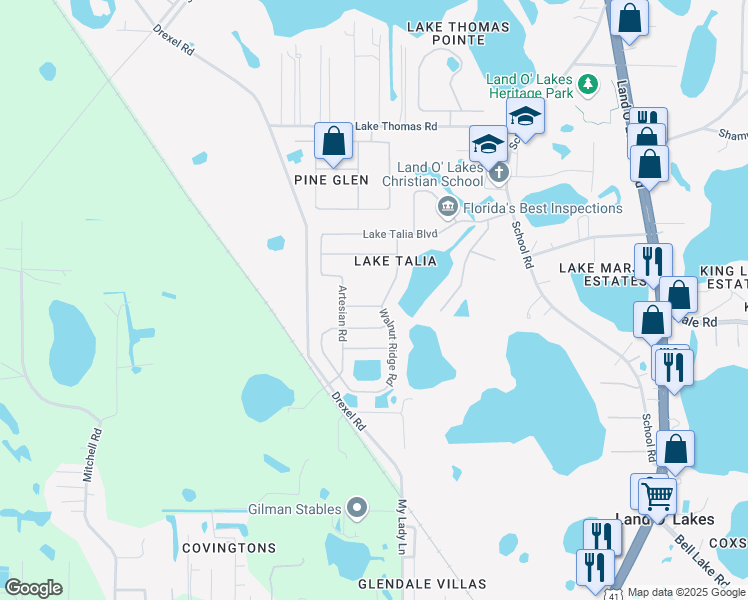 map of restaurants, bars, coffee shops, grocery stores, and more near 20915 Sylvan Springs Road in Land O' Lakes