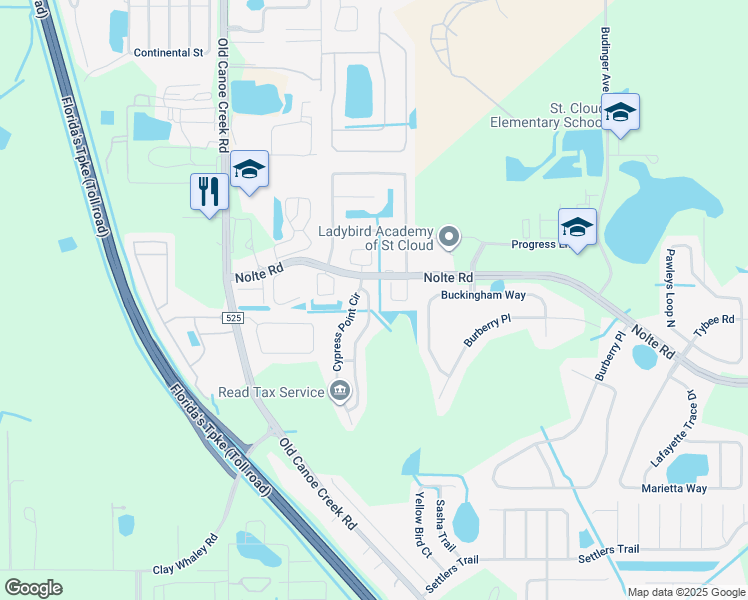 map of restaurants, bars, coffee shops, grocery stores, and more near 3438 Cypress Point Circle in Saint Cloud