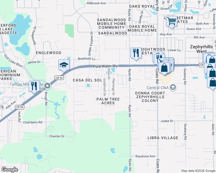 map of restaurants, bars, coffee shops, grocery stores, and more near 4800 Goldfinch Drive in Zephyrhills