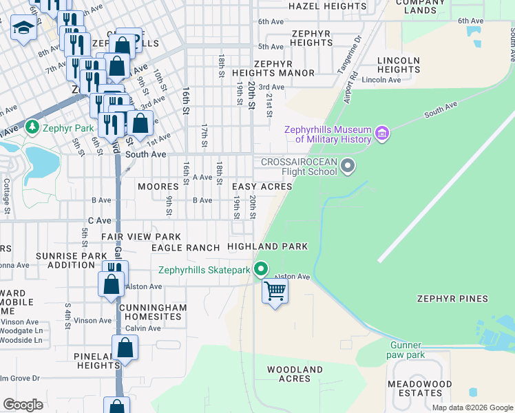 map of restaurants, bars, coffee shops, grocery stores, and more near 4800 20th Street in Zephyrhills