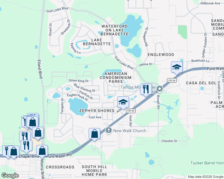 map of restaurants, bars, coffee shops, grocery stores, and more near 35051 Condominium Boulevard in Zephyrhills
