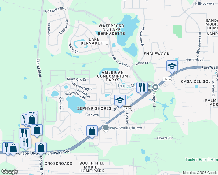 map of restaurants, bars, coffee shops, grocery stores, and more near 35051 Condominium Boulevard in Zephyrhills