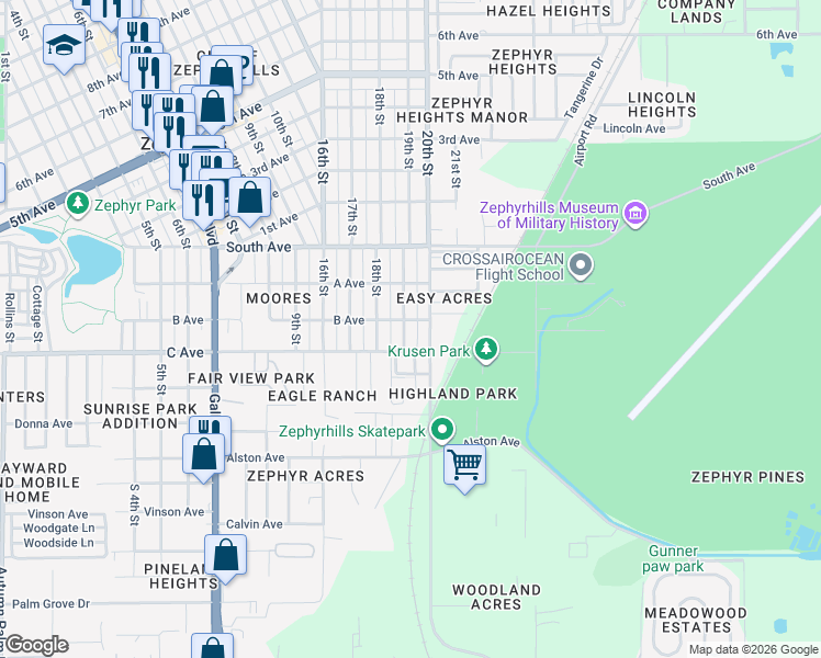 map of restaurants, bars, coffee shops, grocery stores, and more near 4755 19th Street in Zephyrhills