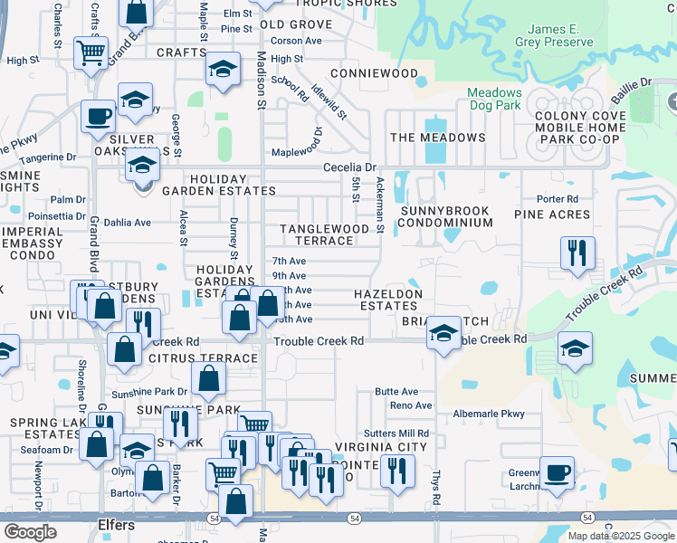 map of restaurants, bars, coffee shops, grocery stores, and more near 6218 9th Avenue in New Port Richey