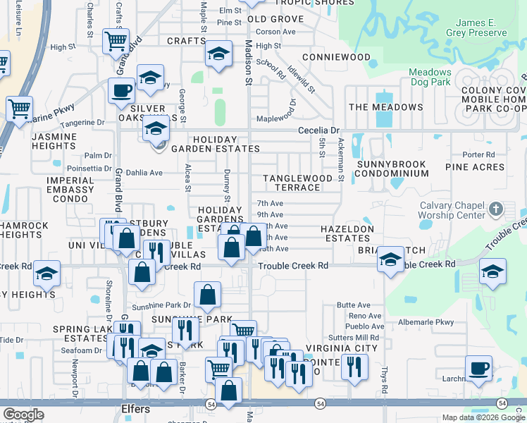 map of restaurants, bars, coffee shops, grocery stores, and more near 6026 9th Avenue in New Port Richey