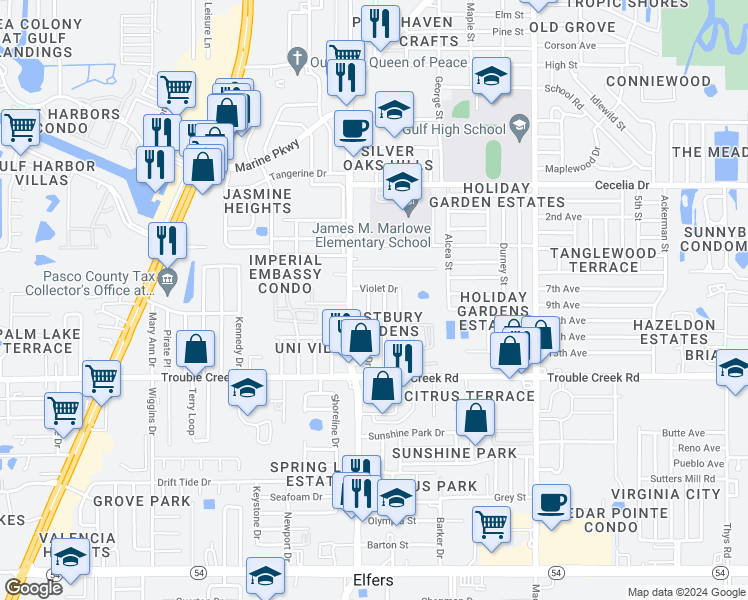 map of restaurants, bars, coffee shops, grocery stores, and more near 4700 Linnet Street in New Port Richey