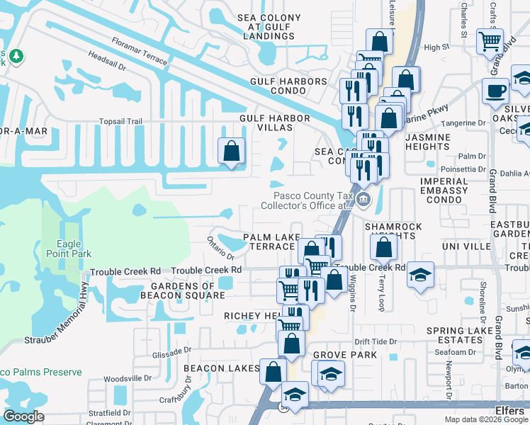 map of restaurants, bars, coffee shops, grocery stores, and more near 4645 Naftis Lane in New Port Richey