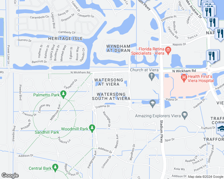 map of restaurants, bars, coffee shops, grocery stores, and more near 7405 North Wickham Road in Melbourne