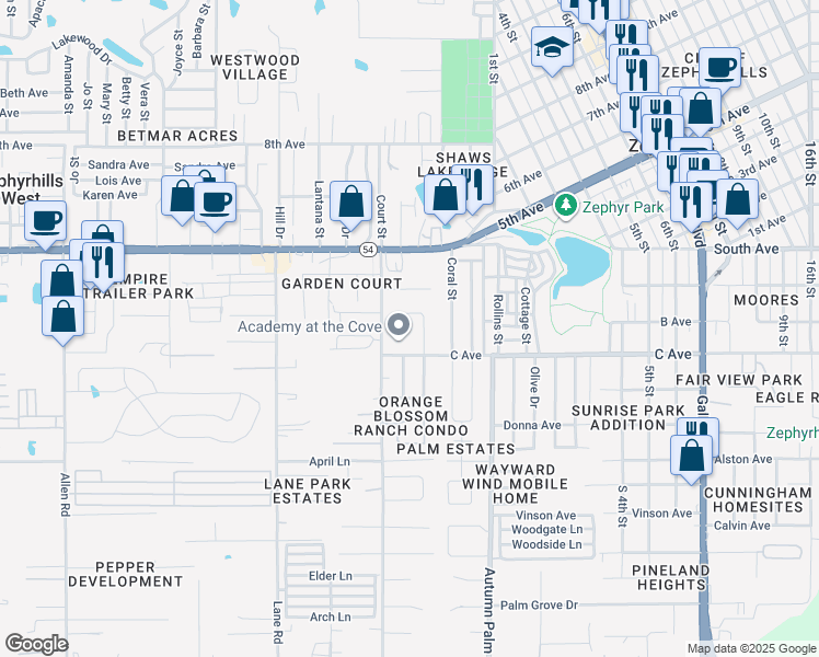 map of restaurants, bars, coffee shops, grocery stores, and more near 4739 Timber Way in Zephyrhills
