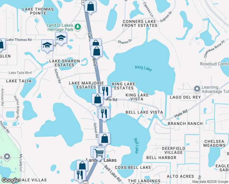 map of restaurants, bars, coffee shops, grocery stores, and more near 21875 Pineywood Drive in Land O' Lakes