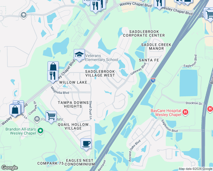 map of restaurants, bars, coffee shops, grocery stores, and more near 4833 Windingbrook Trail in Wesley Chapel