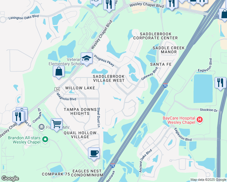 map of restaurants, bars, coffee shops, grocery stores, and more near 4833 Windingbrook Trail in Wesley Chapel