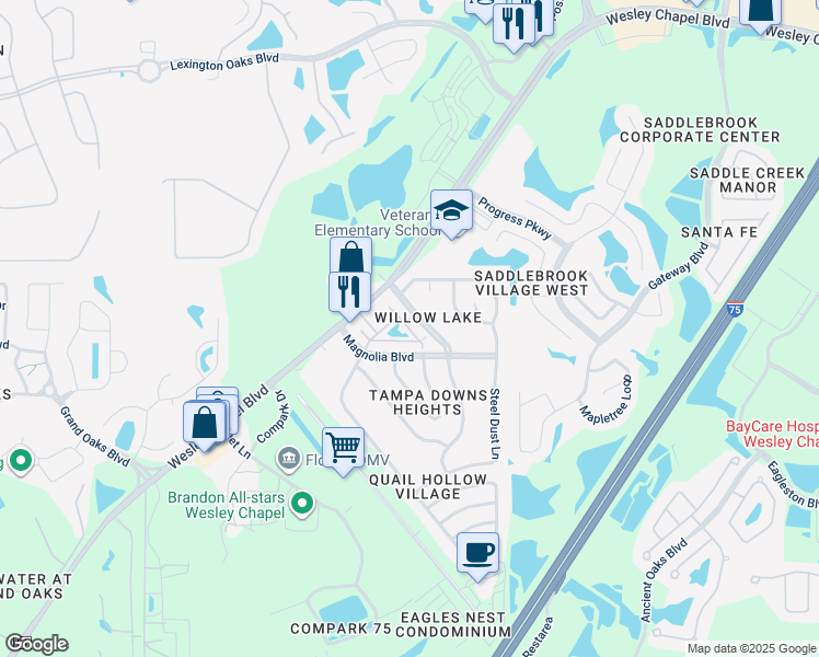 map of restaurants, bars, coffee shops, grocery stores, and more near 26676 Players Circle in Lutz