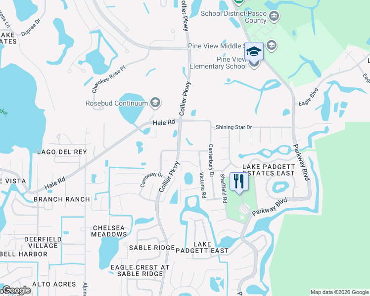 map of restaurants, bars, coffee shops, grocery stores, and more near 23004 Mayfair Road in Land O' Lakes