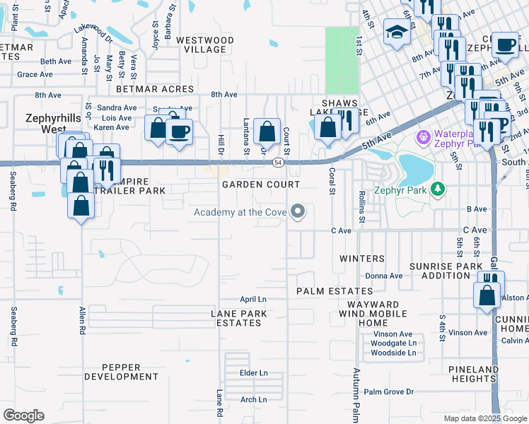 map of restaurants, bars, coffee shops, grocery stores, and more near 4756 Silver Circle in Zephyrhills