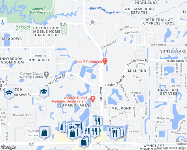 map of restaurants, bars, coffee shops, grocery stores, and more near 7311 Trouble Creek Road in New Port Richey