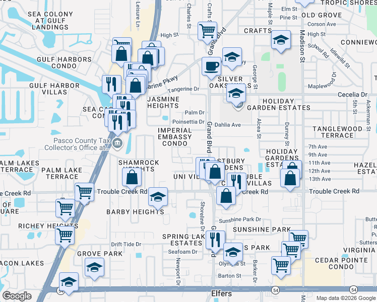 map of restaurants, bars, coffee shops, grocery stores, and more near 5351 Buttonwood Drive in Port Richey