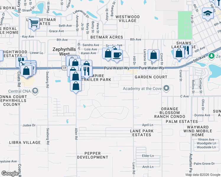 map of restaurants, bars, coffee shops, grocery stores, and more near 37253 Tilly Lane in Zephyrhills