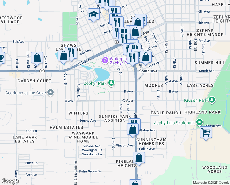 map of restaurants, bars, coffee shops, grocery stores, and more near 38312 B Avenue in Zephyrhills