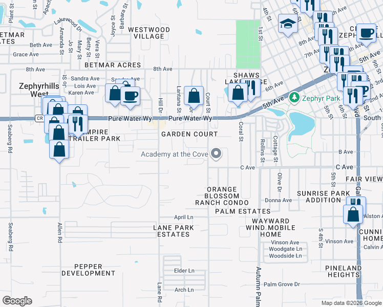 map of restaurants, bars, coffee shops, grocery stores, and more near 4756 Silver Circle in Zephyrhills