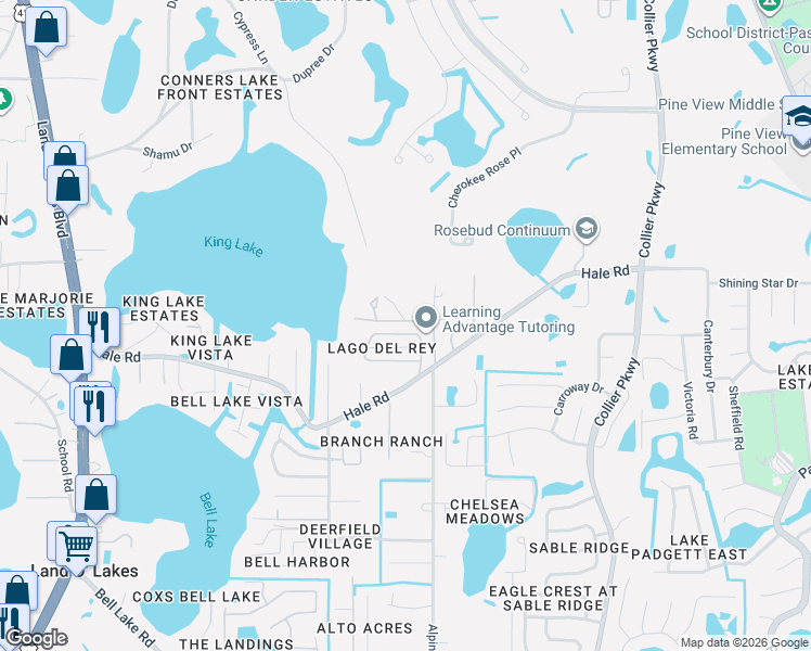 map of restaurants, bars, coffee shops, grocery stores, and more near 4760 Lago Vista Circle in Land O' Lakes