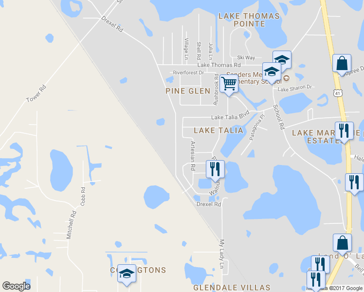 map of restaurants, bars, coffee shops, grocery stores, and more near 4772 Drexel Road in Land O' Lakes