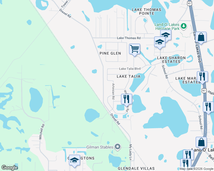 map of restaurants, bars, coffee shops, grocery stores, and more near 4772 Drexel Road in Land O' Lakes
