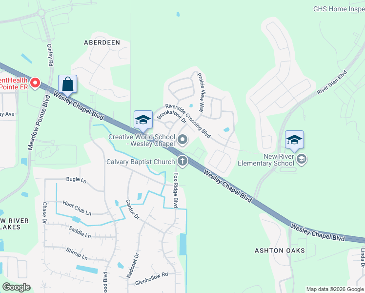 map of restaurants, bars, coffee shops, grocery stores, and more near 32109 Florida 54 in Wesley Chapel