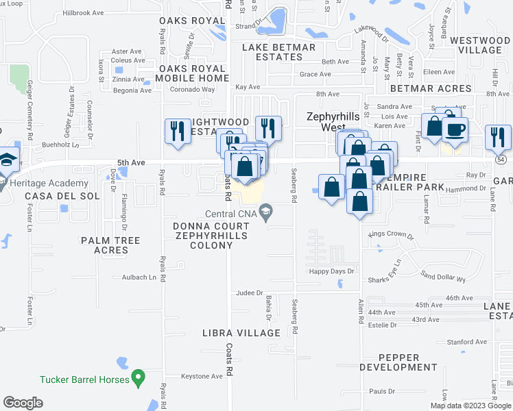 map of restaurants, bars, coffee shops, grocery stores, and more near 4748 Coats Road in Zephyrhills