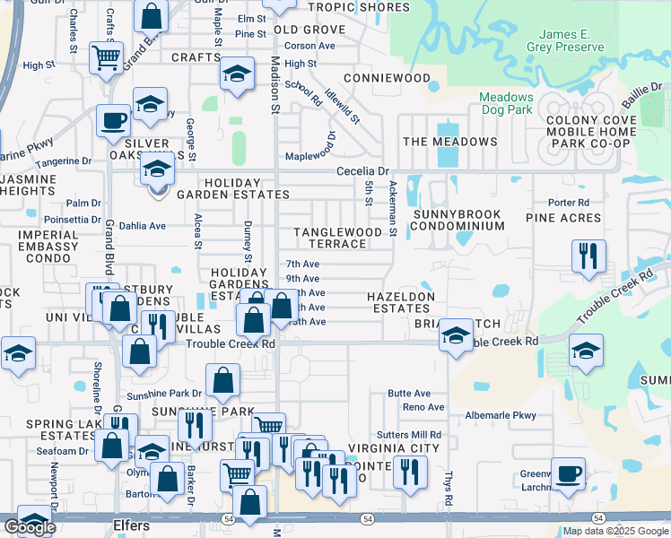 map of restaurants, bars, coffee shops, grocery stores, and more near 6122 9th Avenue in New Port Richey
