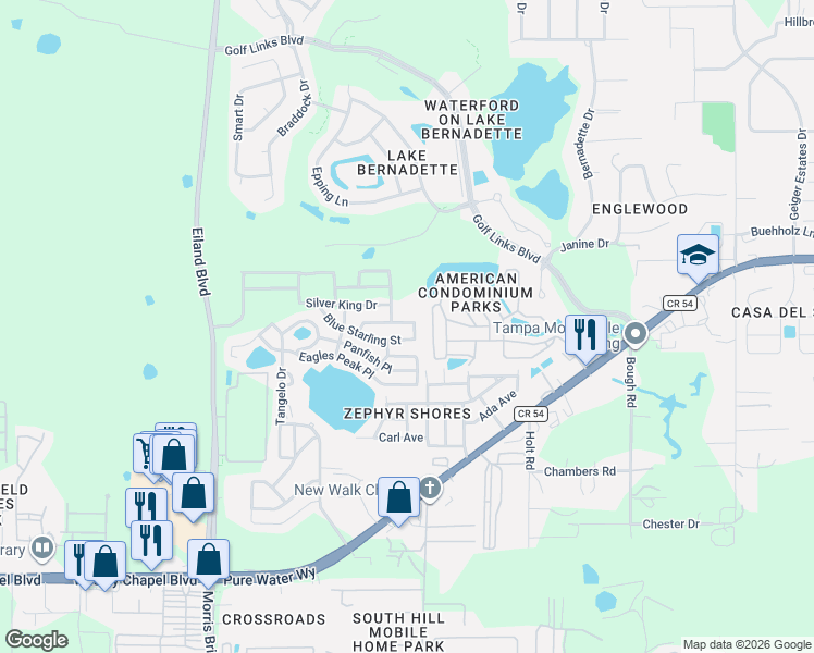 map of restaurants, bars, coffee shops, grocery stores, and more near Bassline Blvd in Zephyrhills