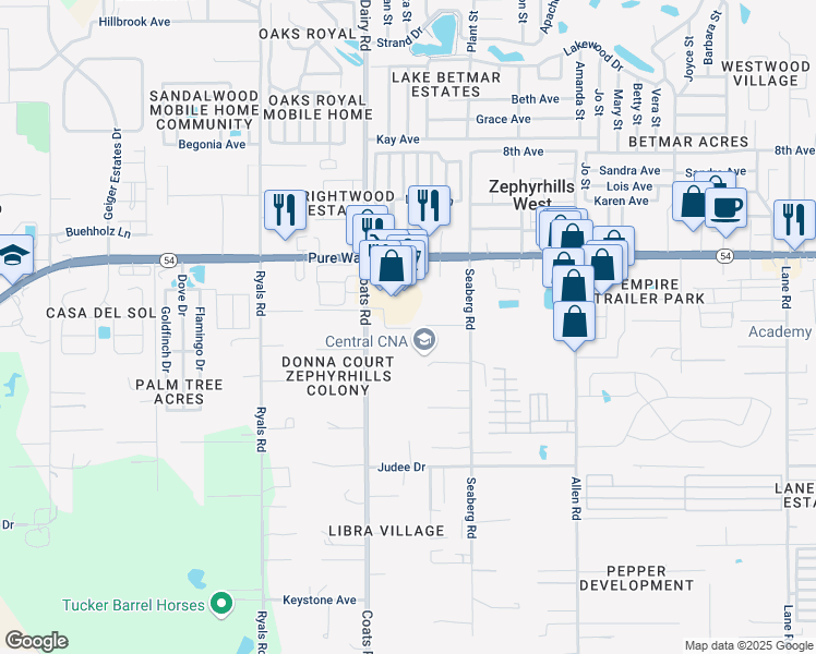 map of restaurants, bars, coffee shops, grocery stores, and more near 36608 Celebration Lane in Zephyrhills