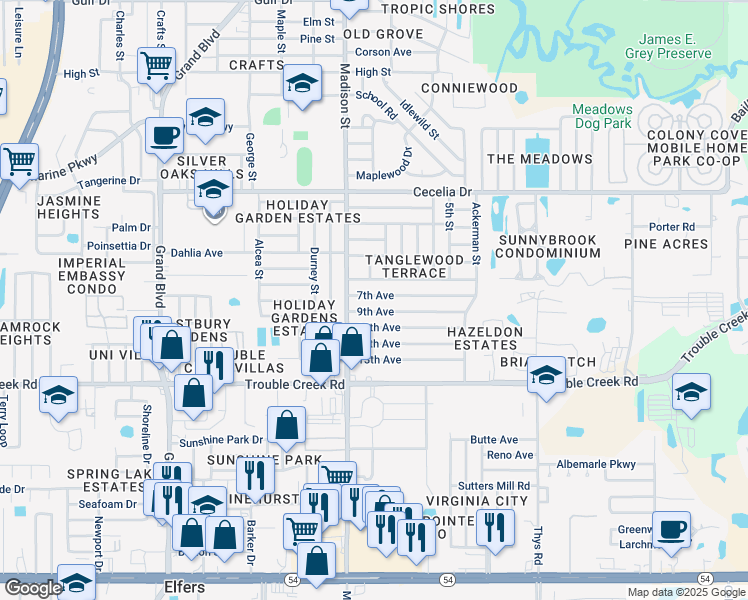 map of restaurants, bars, coffee shops, grocery stores, and more near 6026 9th Avenue in New Port Richey