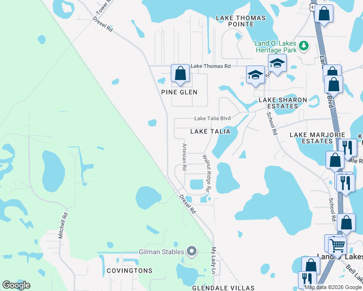 map of restaurants, bars, coffee shops, grocery stores, and more near 4743 Artesian Road in Land O' Lakes