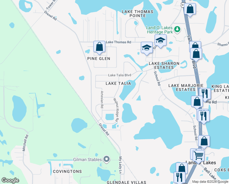 map of restaurants, bars, coffee shops, grocery stores, and more near 20915 Sylvan Springs Road in Land O' Lakes