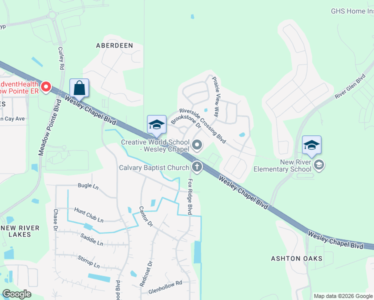 map of restaurants, bars, coffee shops, grocery stores, and more near 32109 Florida 54 in Wesley Chapel