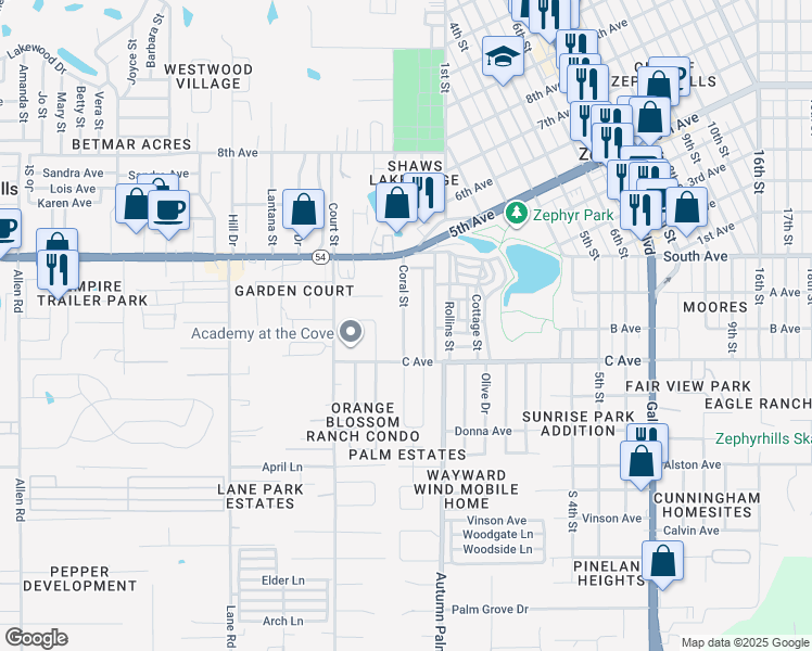 map of restaurants, bars, coffee shops, grocery stores, and more near 4820 Coral Street in Zephyrhills