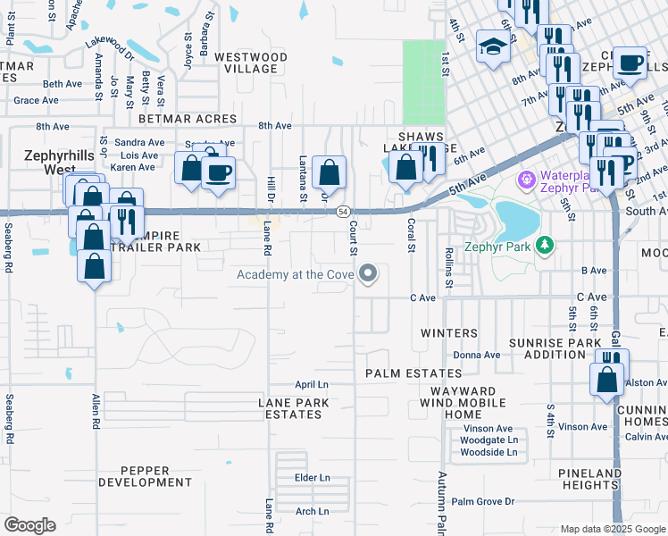 map of restaurants, bars, coffee shops, grocery stores, and more near 4756 Silver Circle in Zephyrhills