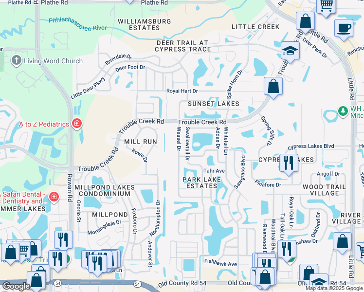 map of restaurants, bars, coffee shops, grocery stores, and more near 4714 Weasel Drive in New Port Richey
