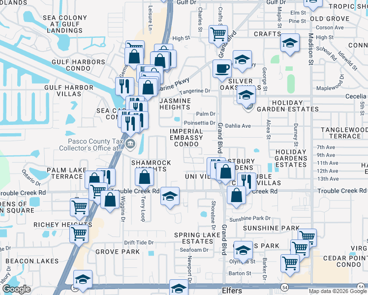 map of restaurants, bars, coffee shops, grocery stores, and more near 4242 Azalea Drive in New Port Richey