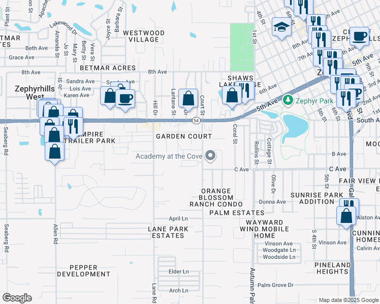 map of restaurants, bars, coffee shops, grocery stores, and more near 4756 Silver Circle in Zephyrhills