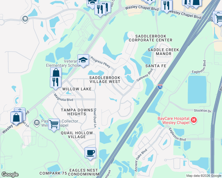 map of restaurants, bars, coffee shops, grocery stores, and more near 4840 Windingbrook Trail in Wesley Chapel