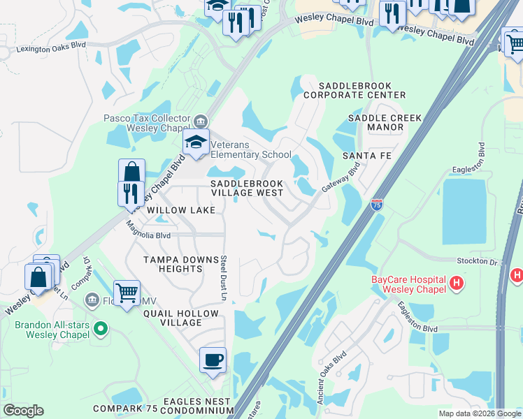 map of restaurants, bars, coffee shops, grocery stores, and more near 4840 Windingbrook Trail in Wesley Chapel